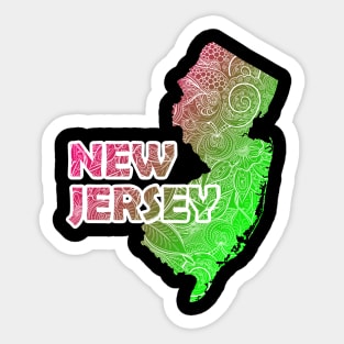 Colorful mandala art map of New Jersey with text in pink and green Sticker